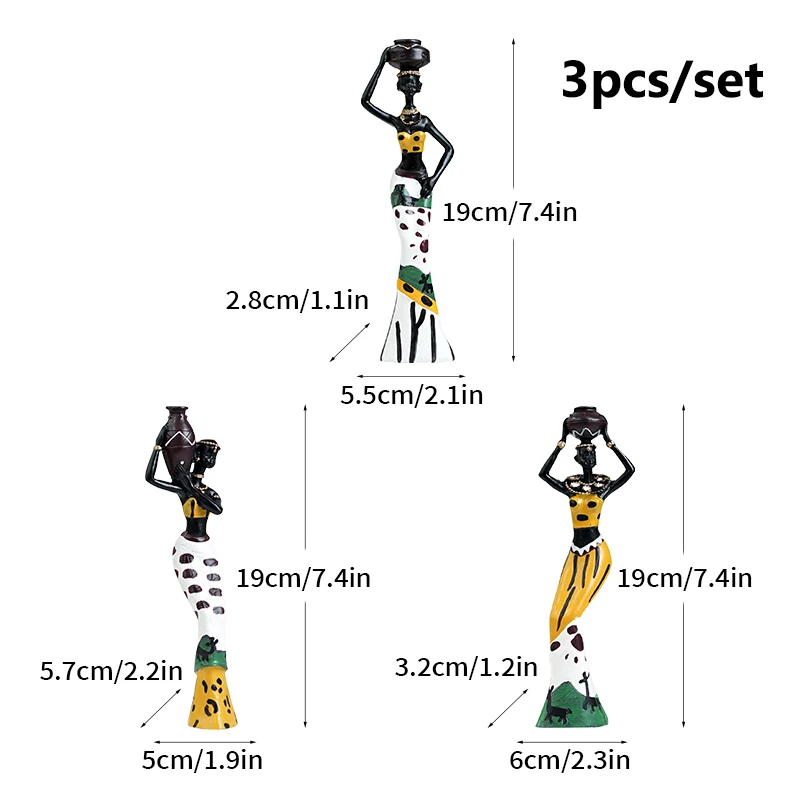 NORTHEUINS 3pcs Set Resin African Woman Figurines Black Figure Statues Exotic Ornaments Interior Home Living Room Desktop Decor