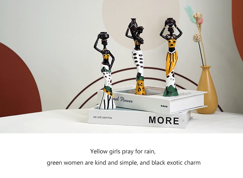 NORTHEUINS 3pcs Set Resin African Woman Figurines Black Figure Statues Exotic Ornaments Interior Home Living Room Desktop Decor