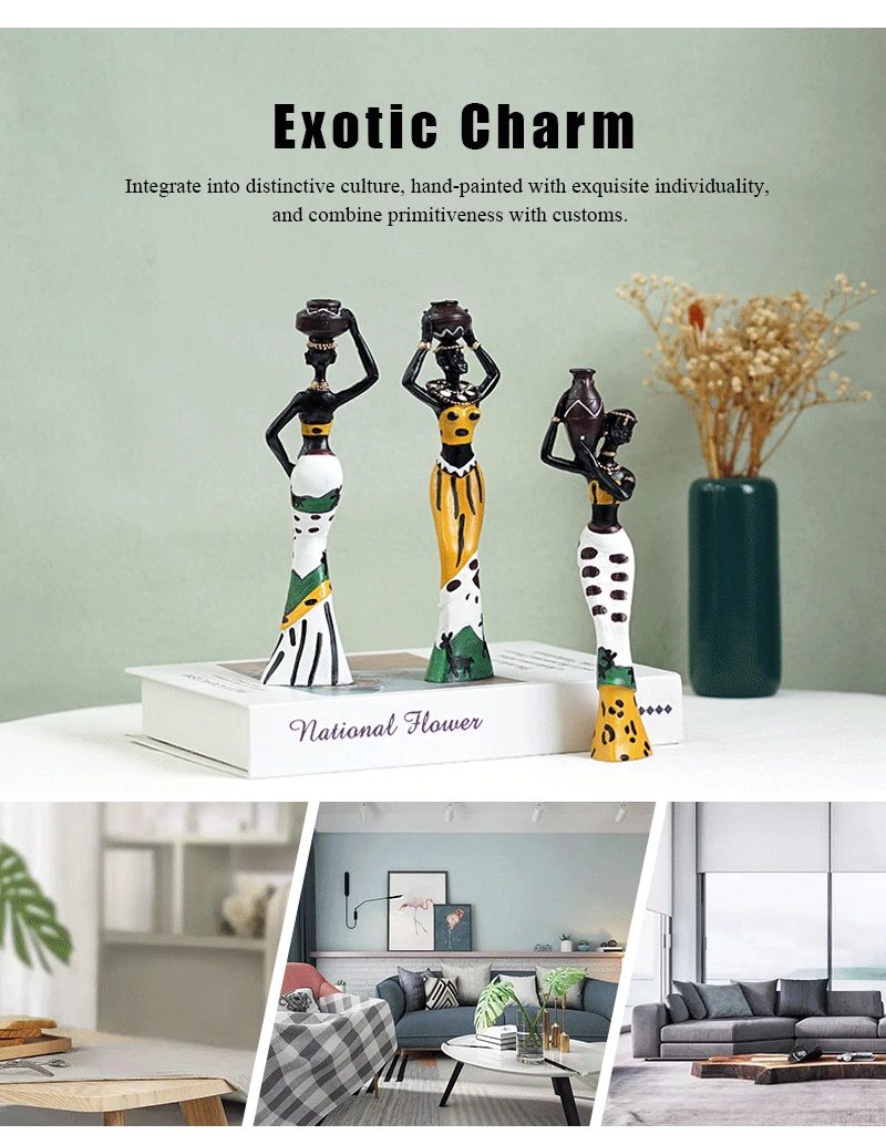 NORTHEUINS 3pcs Set Resin African Woman Figurines Black Figure Statues Exotic Ornaments Interior Home Living Room Desktop Decor